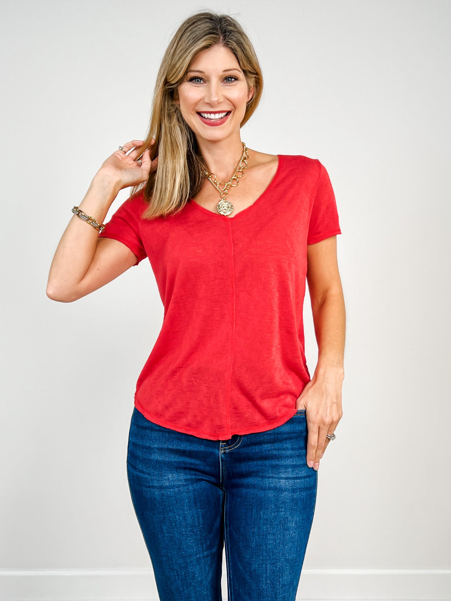 Short Sleeve Slub Knit Split Center Tee