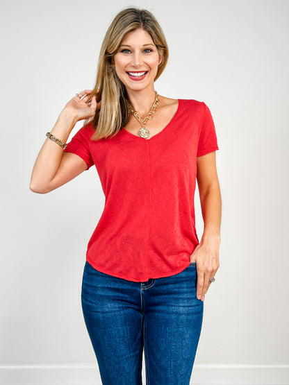 Short Sleeve Slub Knit Split Center Tee