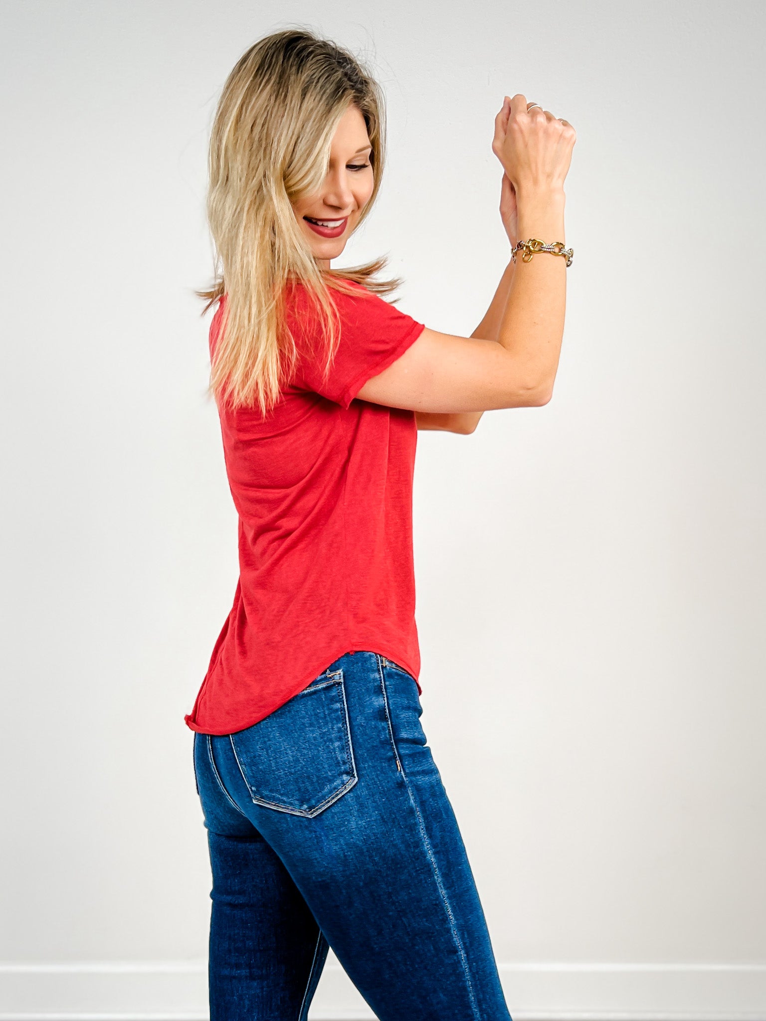 Short Sleeve Slub Knit Split Center Tee