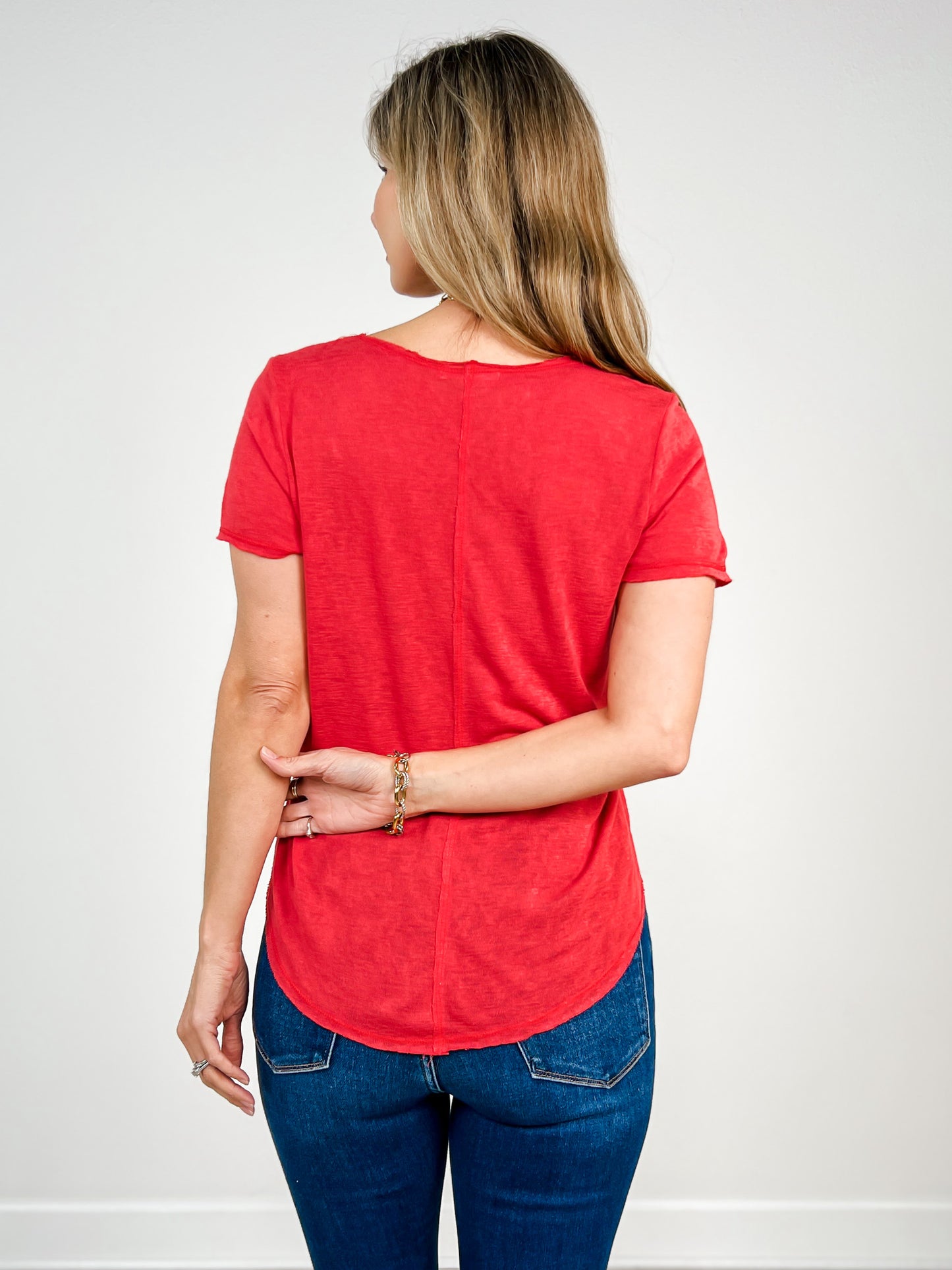 Short Sleeve Slub Knit Split Center Tee