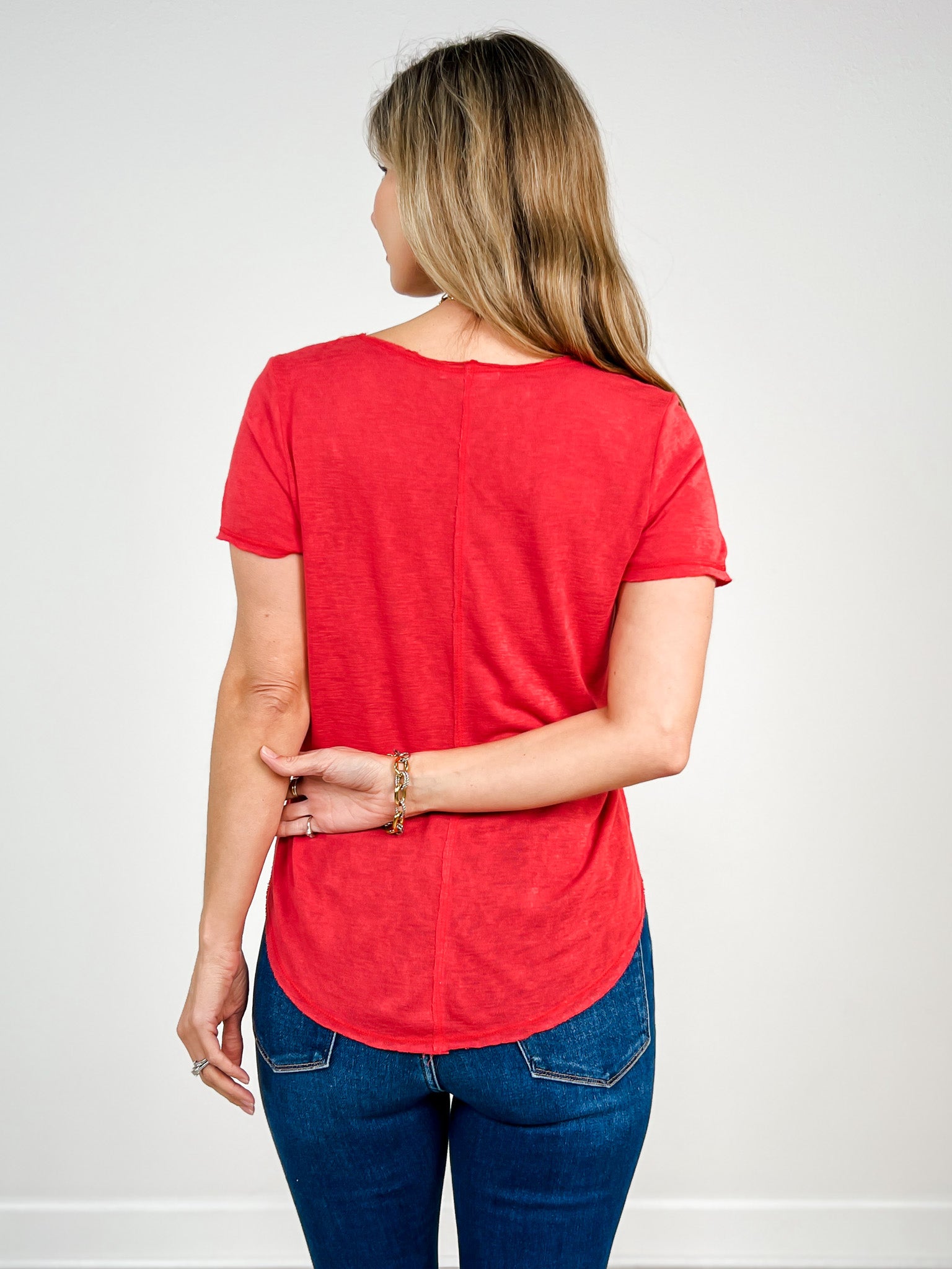 Short Sleeve Slub Knit Split Center Tee