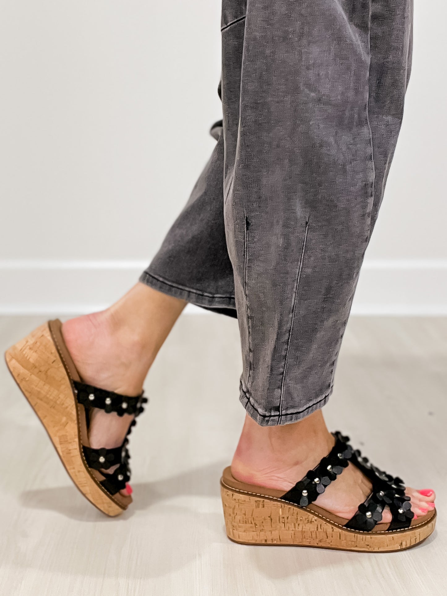 Corkys Mic Drop Floral Embellished Wedges in Black