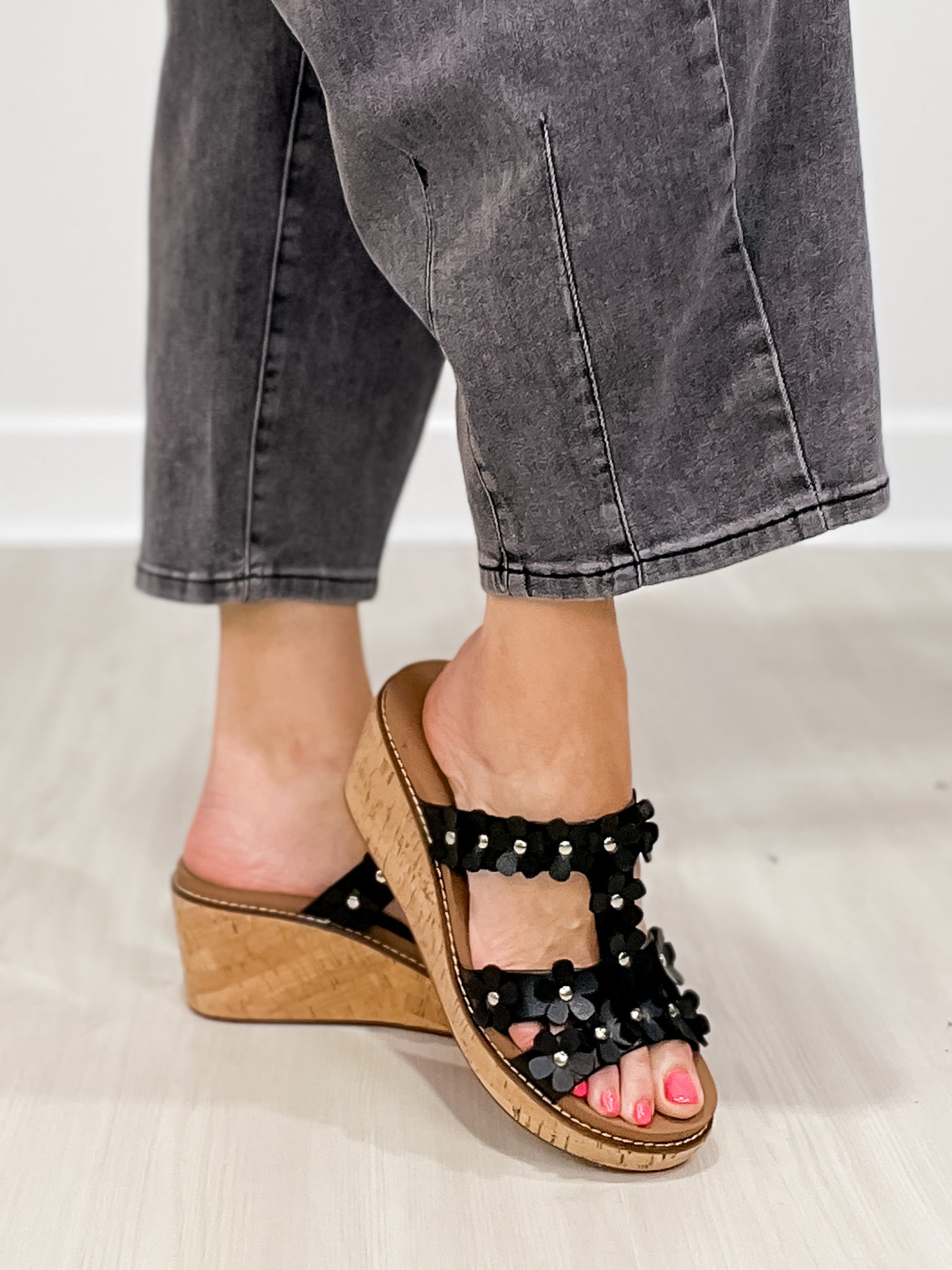 Corkys Mic Drop Floral Embellished Wedges in Black