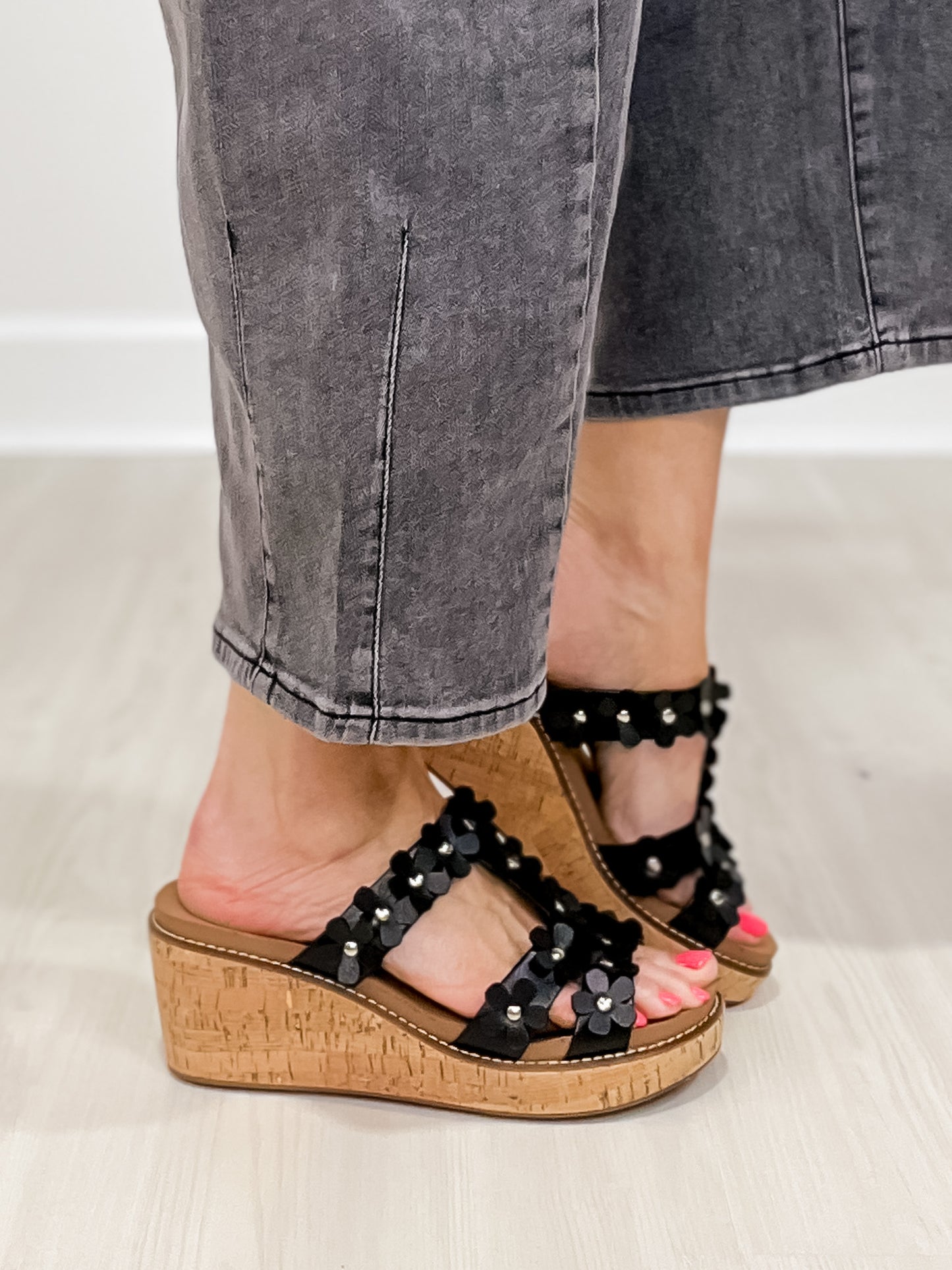 Corkys Mic Drop Floral Embellished Wedges in Black