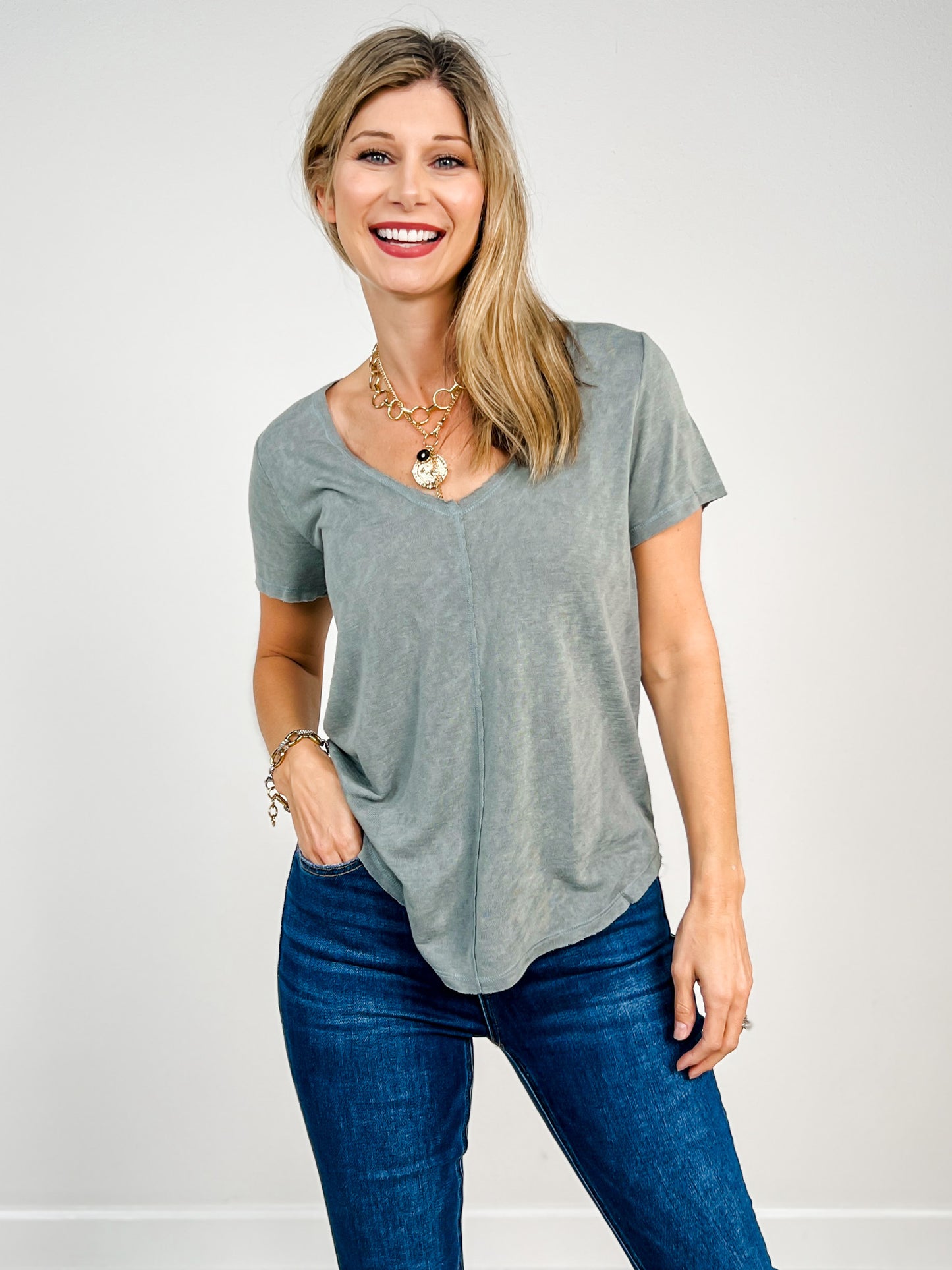 Short Sleeve Slub Knit Split Center Tee