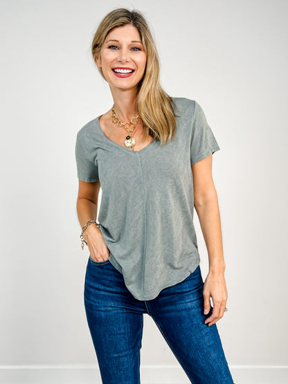 Short Sleeve Slub Knit Split Center Tee