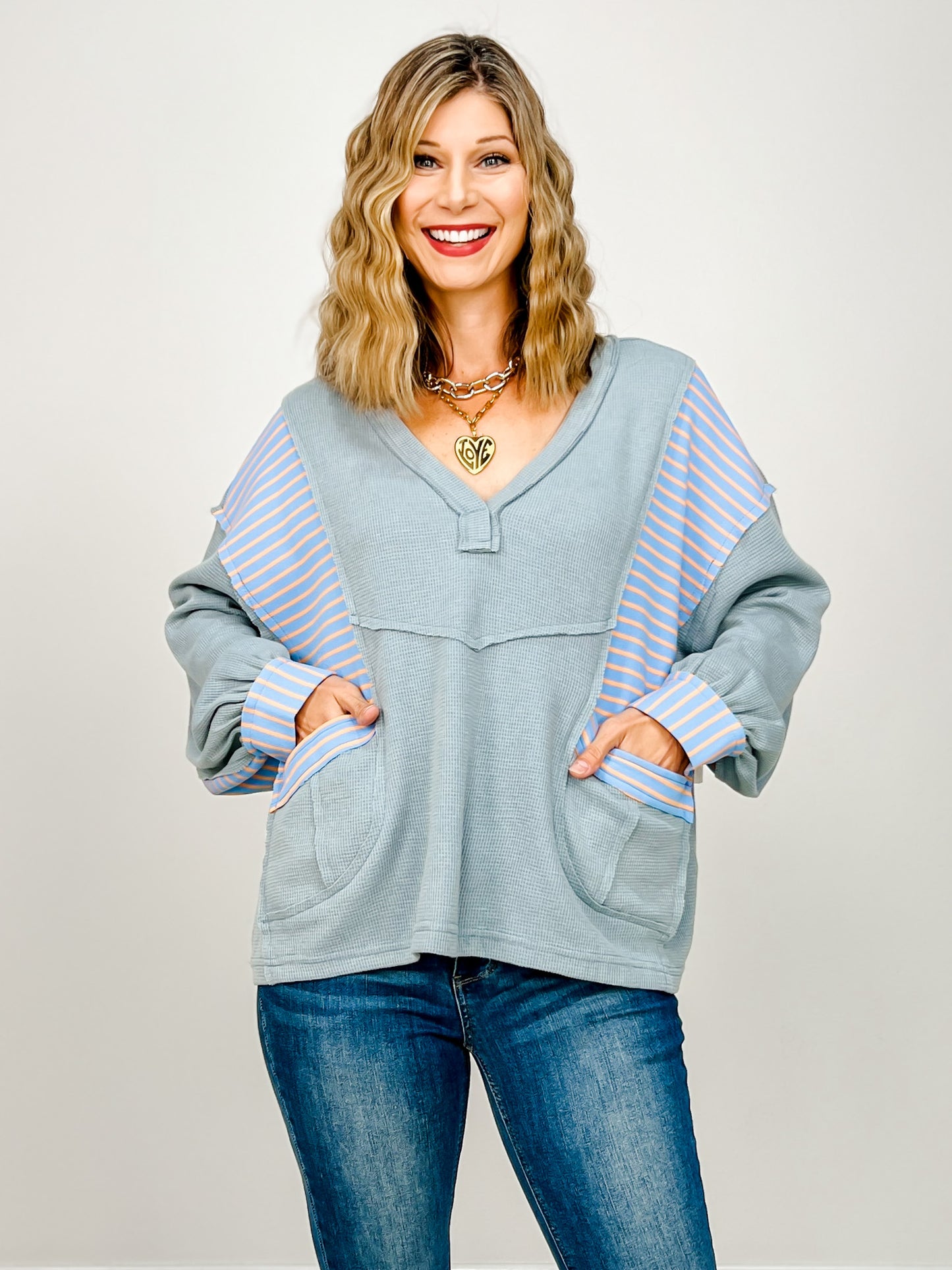 V neck long sleeve roomy fit top in thermal with stripe pattern
