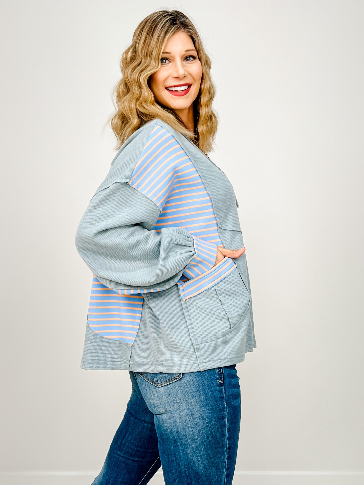 V neck long sleeve roomy fit top in thermal with stripe pattern