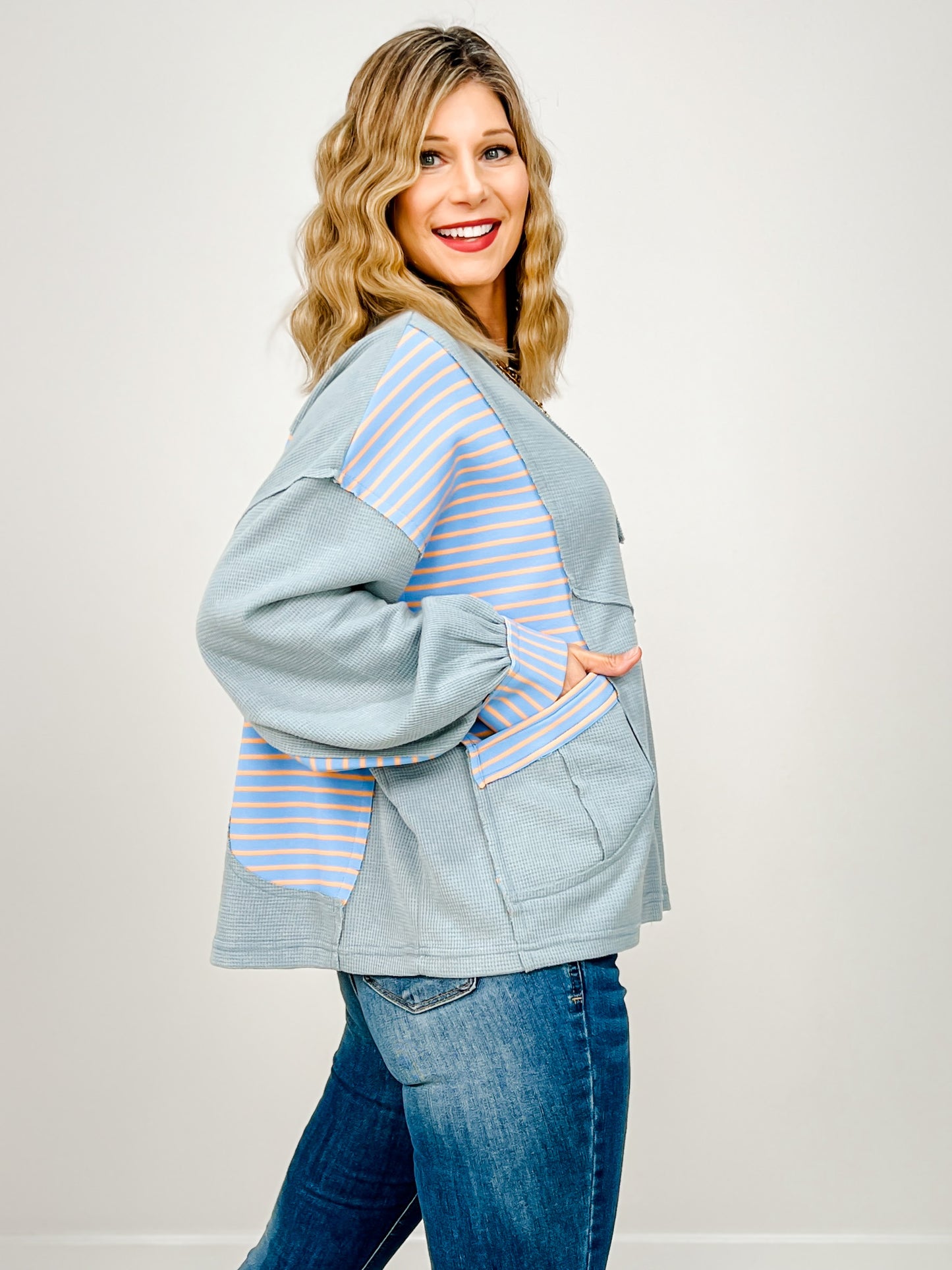 V neck long sleeve roomy fit top in thermal with stripe pattern