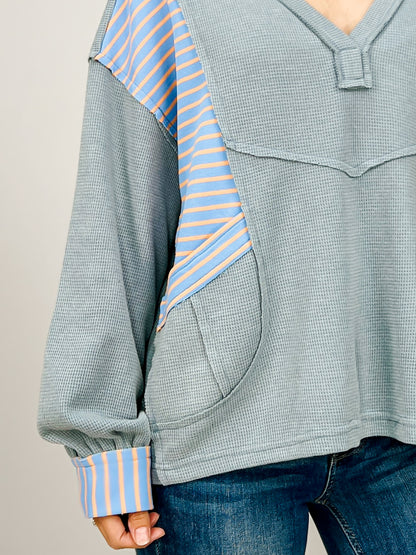 V neck long sleeve roomy fit top in thermal with stripe pattern