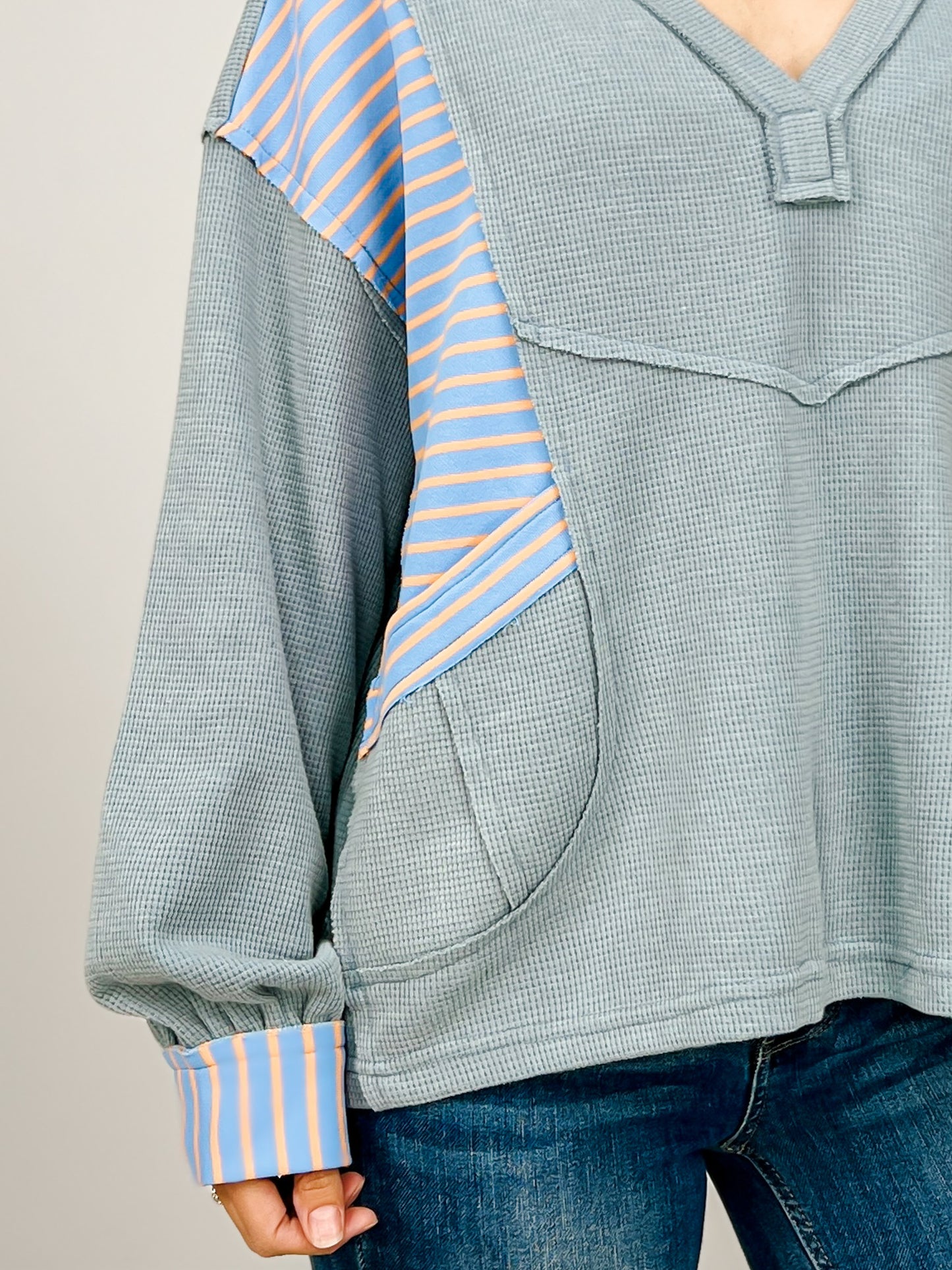 V neck long sleeve roomy fit top in thermal with stripe pattern