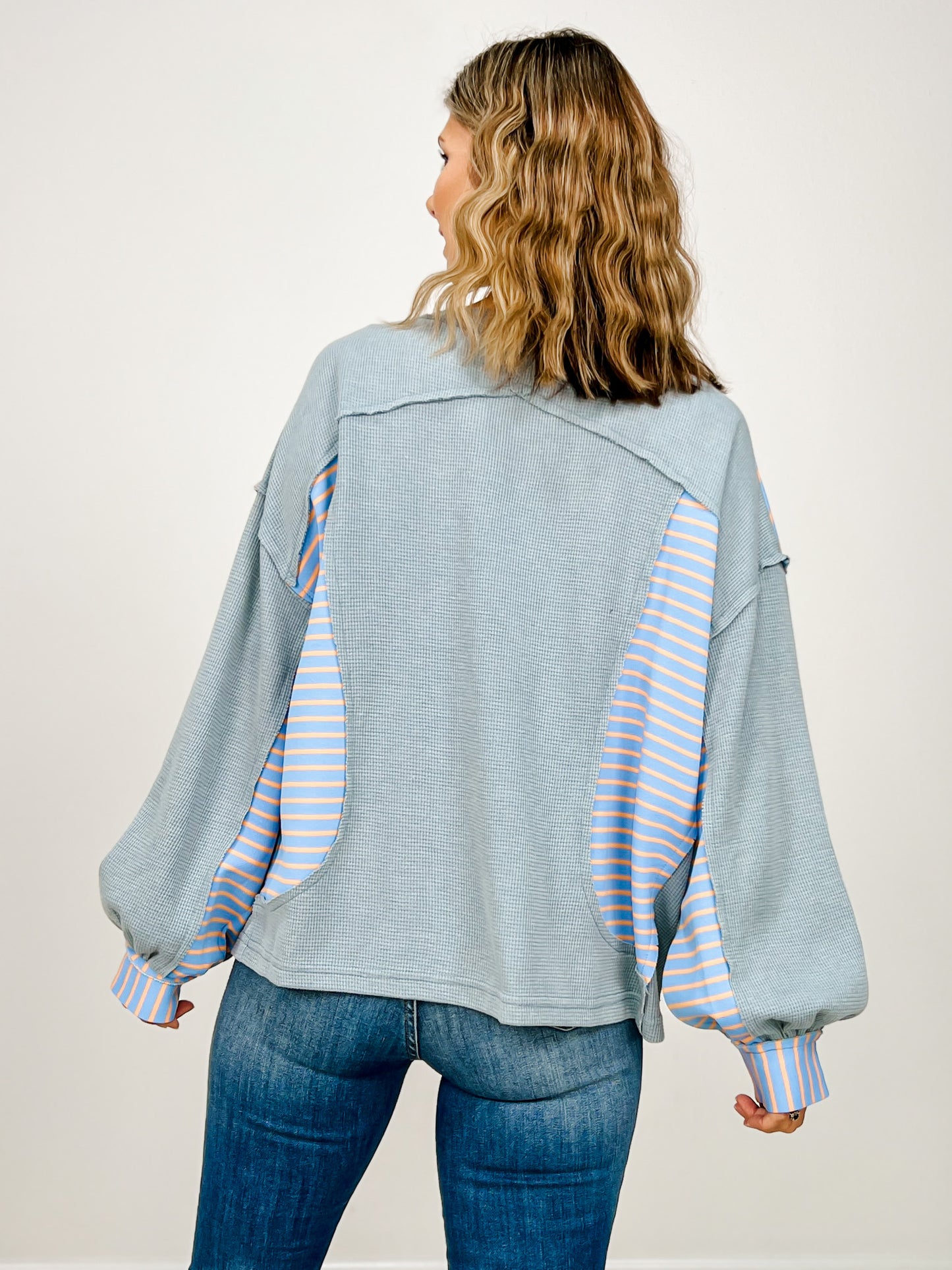 V neck long sleeve roomy fit top in thermal with stripe pattern