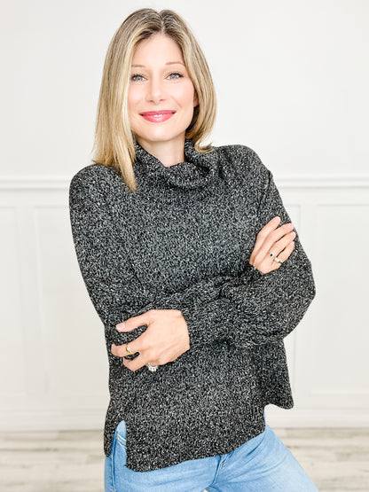 Balloon Sleeve Turtleneck Sweater Top with Side Slits