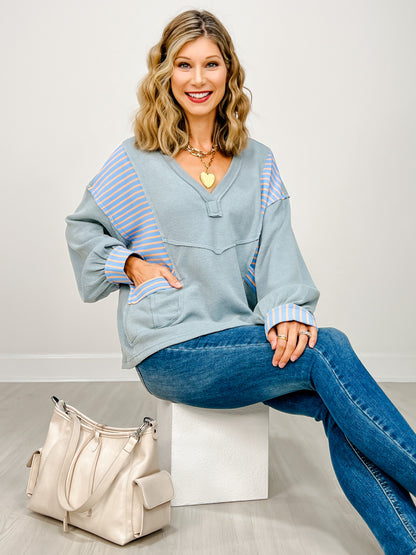 V neck long sleeve roomy fit top in thermal with stripe pattern