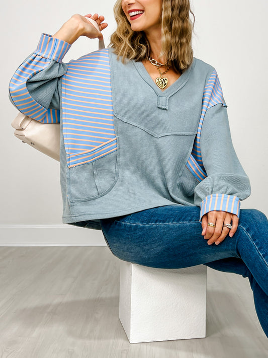 V neck long sleeve roomy fit top in thermal with stripe pattern