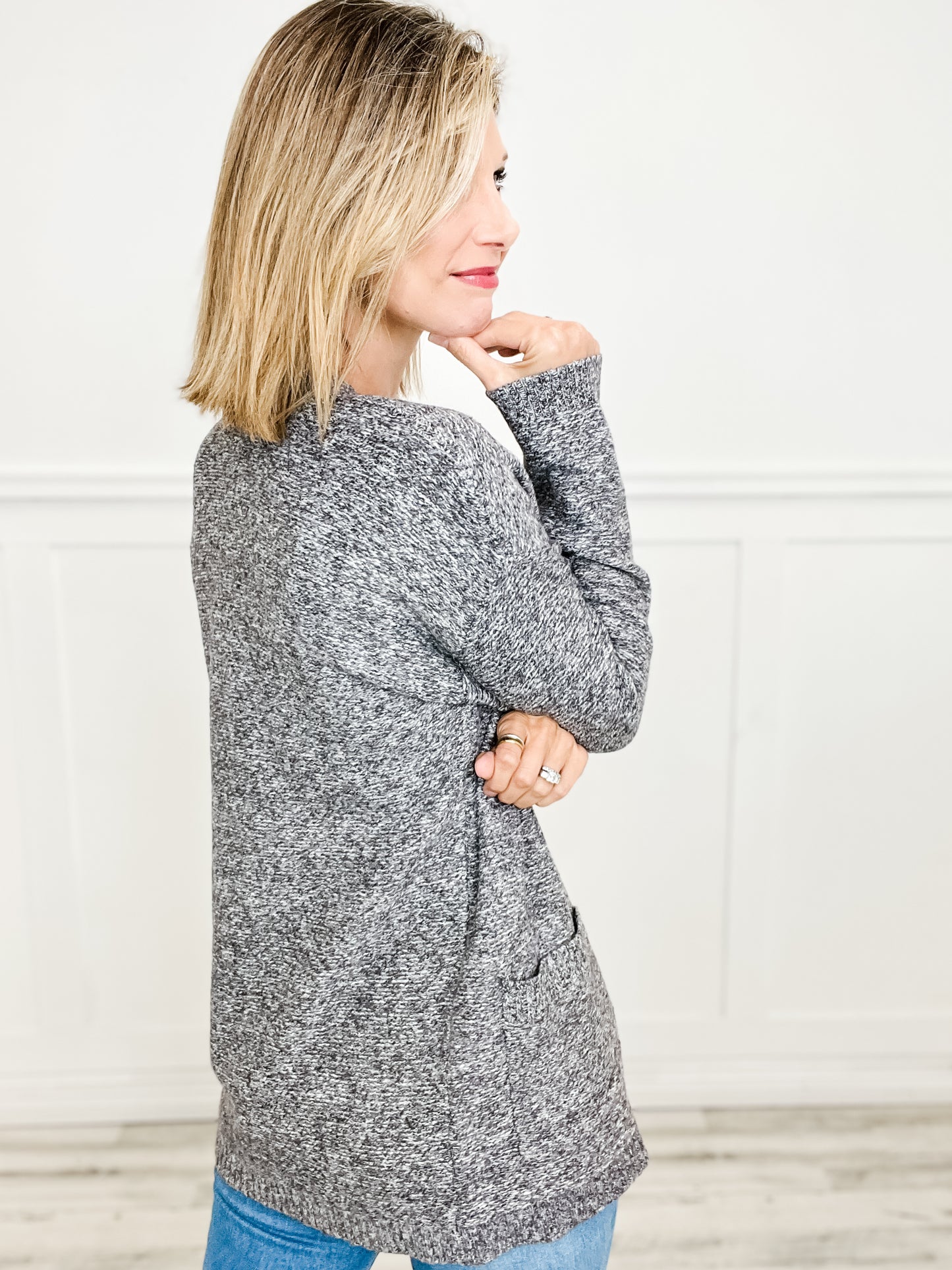 Two Tone Textured Open Front Cardigan Top