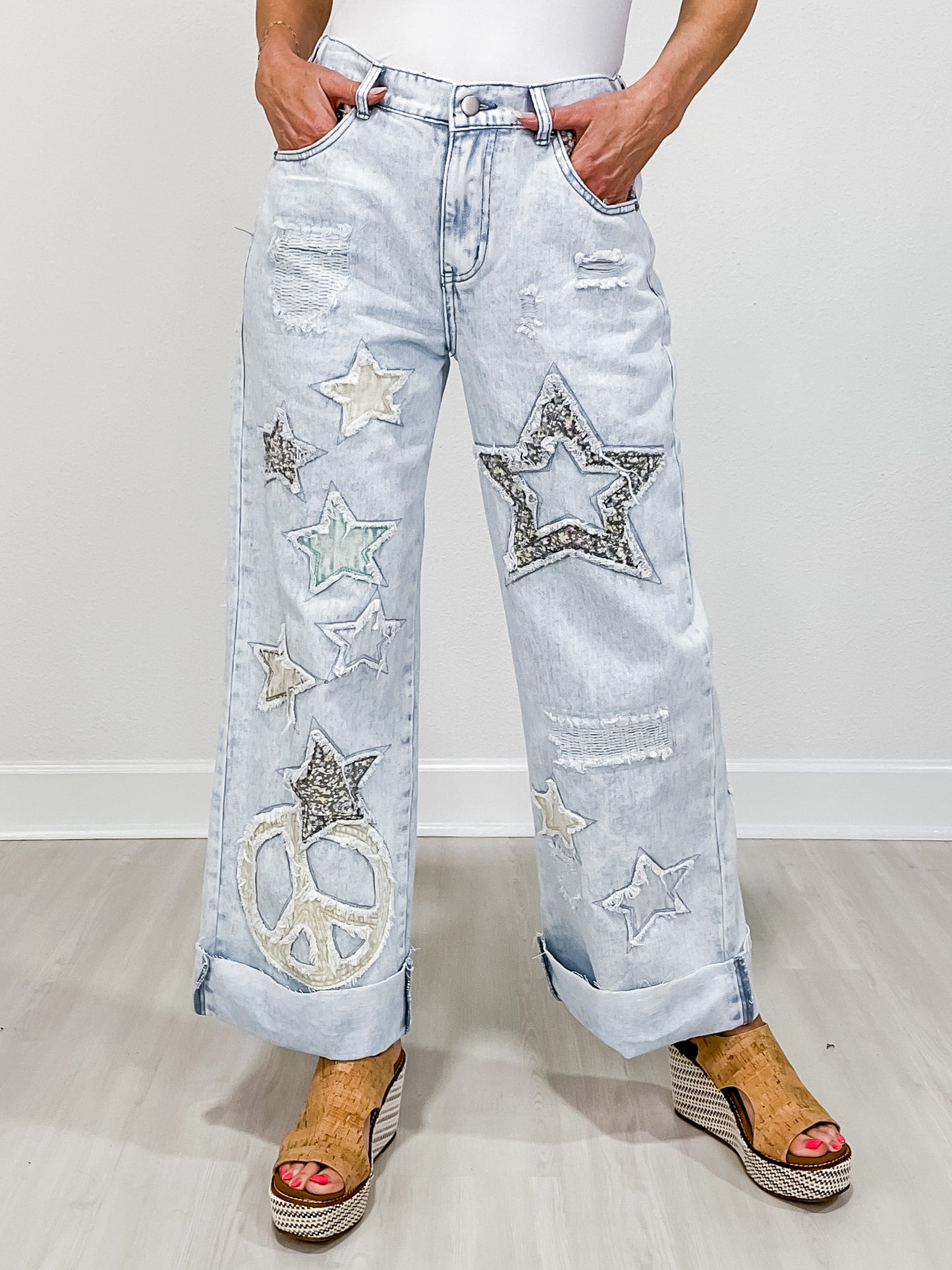 WASHED STAR PATCHWORK DETAIL DENIM JEANS