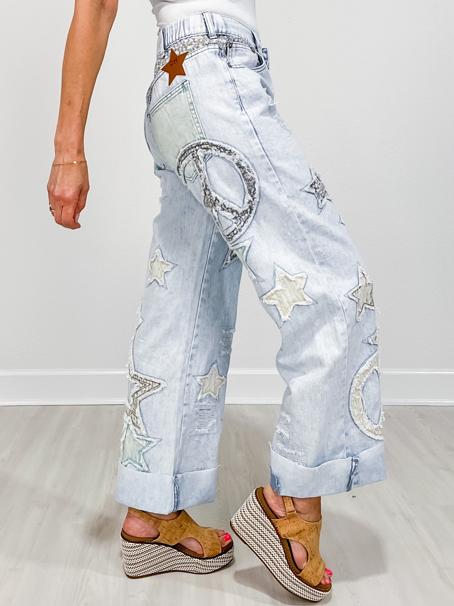 WASHED STAR PATCHWORK DETAIL DENIM JEANS