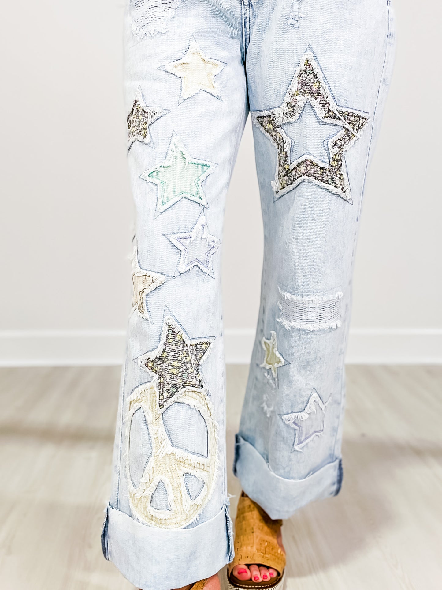 WASHED STAR PATCHWORK DETAIL DENIM JEANS