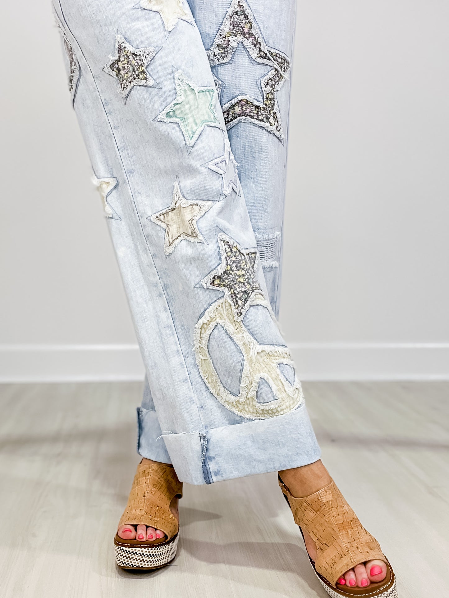 WASHED STAR PATCHWORK DETAIL DENIM JEANS