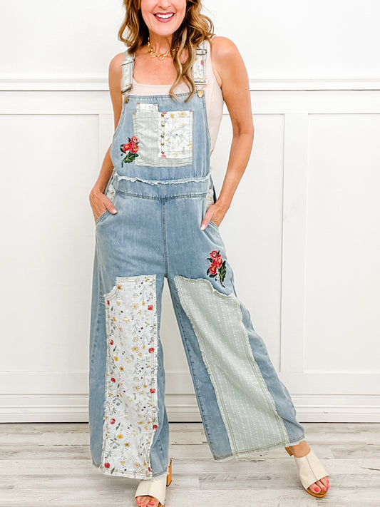 Floral Patchwork Embroidery Overalls