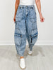 WASHED 3D POCKETS WIDE LEG CARGO DENIM PANTS