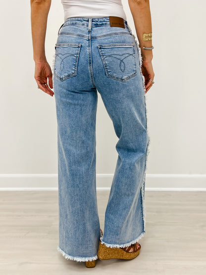 Judy Blue MAVERICK Hi-Rise Retro Wide Leg Raw Twisted Out Seam Jeans