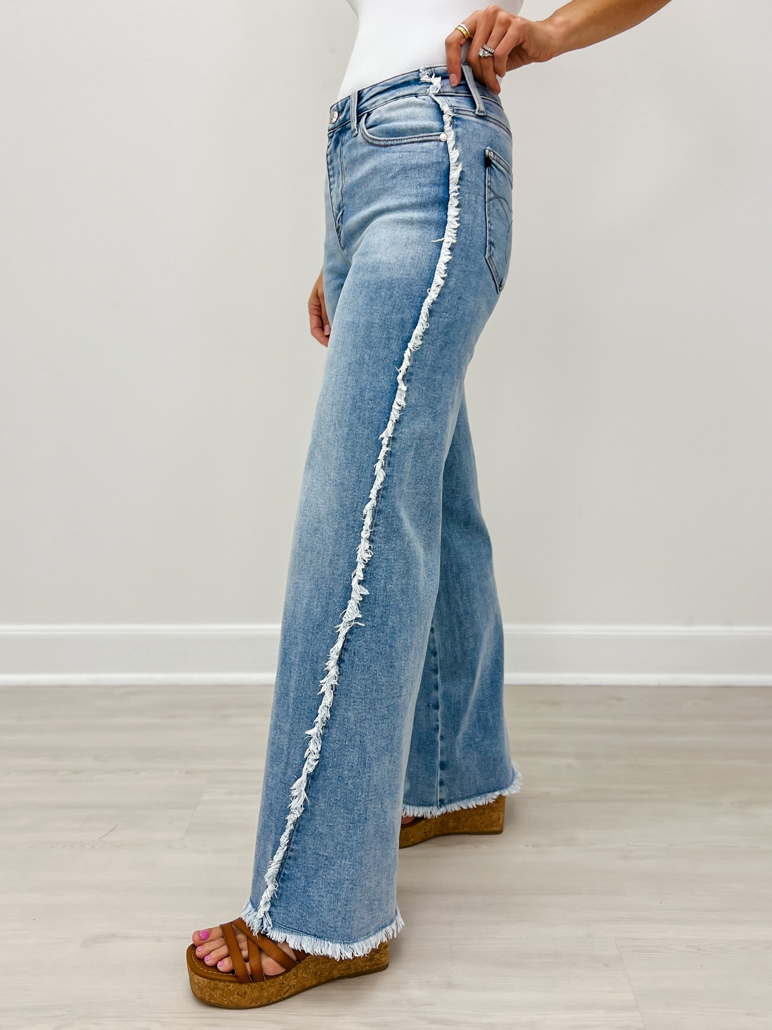 Judy Blue MAVERICK Hi-Rise Retro Wide Leg Raw Twisted Out Seam Jeans