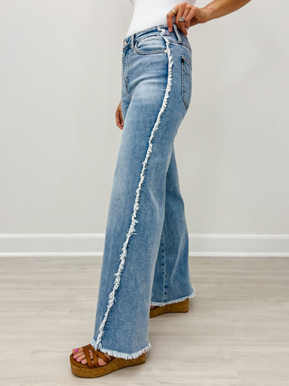 Judy Blue MAVERICK Hi-Rise Retro Wide Leg Raw Twisted Out Seam Jeans