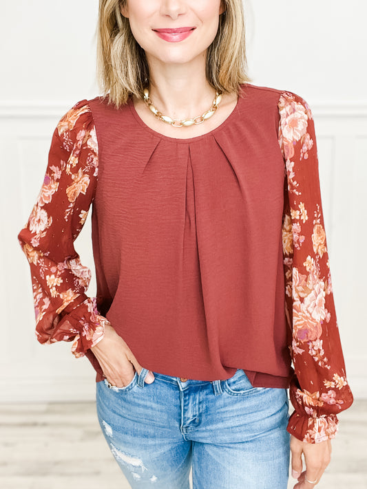 Floral Printed Long Sleeves with Solid Contrast Body Top