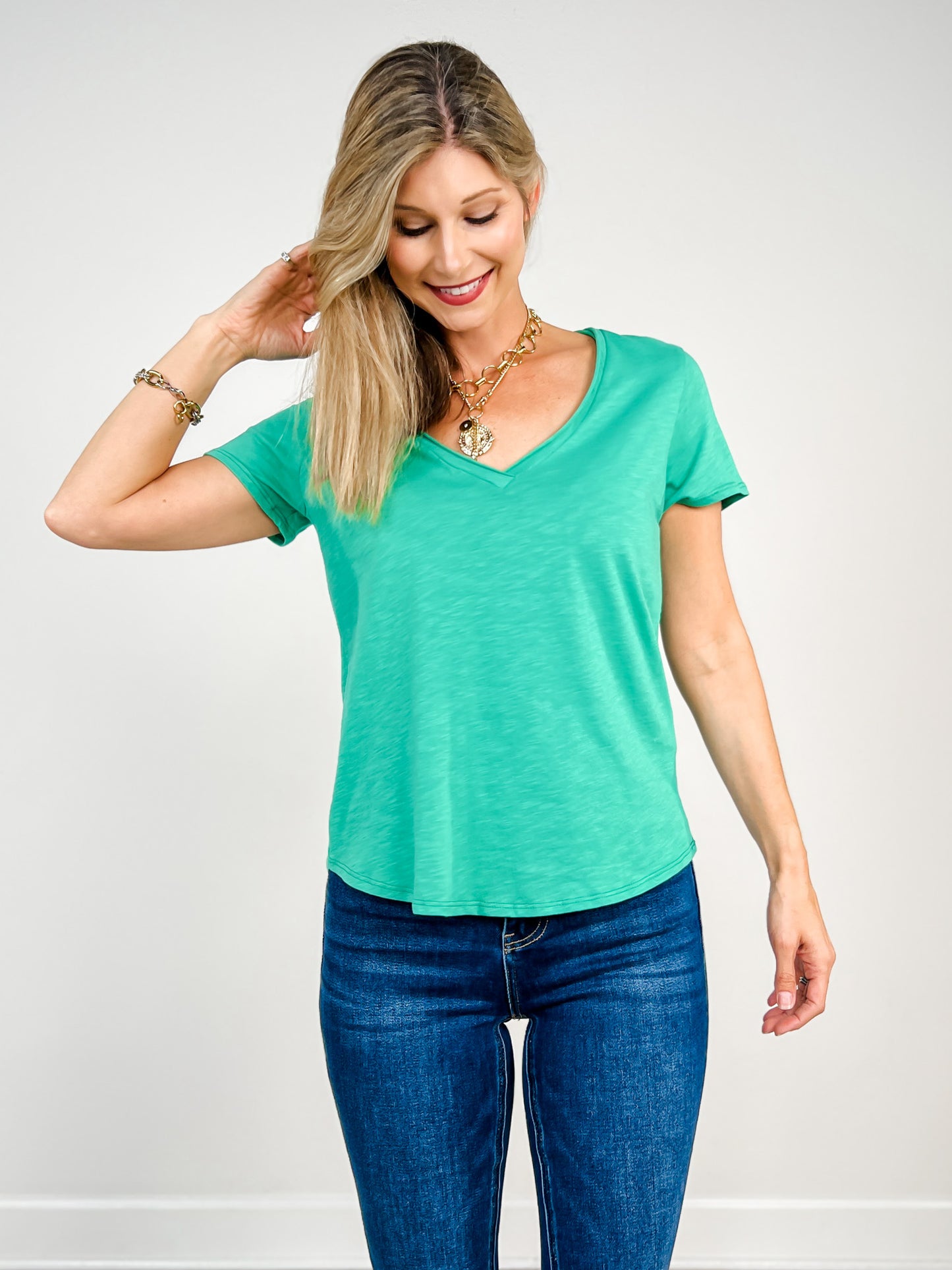 Short Sleeve Cotton Slub V-Neck Top