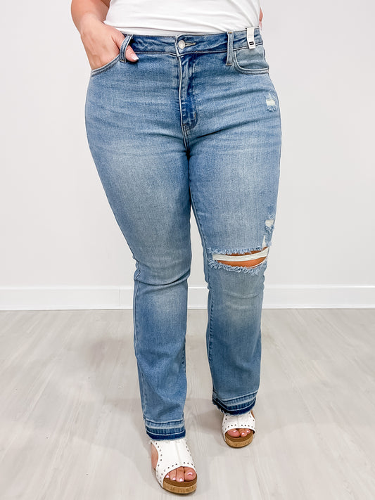 Judy Blue American Girl Mid-Rise Distressed Hem Bootcut Jeans