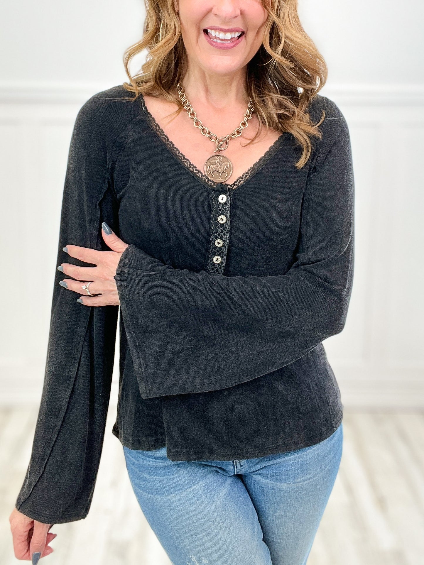 Come Go With Me Lace Neckline Long Sleeve Top