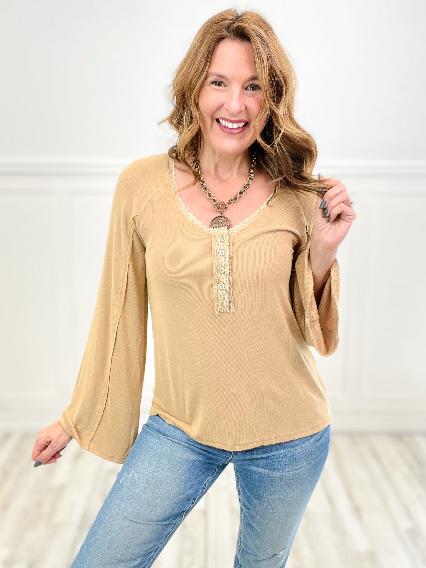 Come Go With Me Lace Neckline Long Sleeve Top