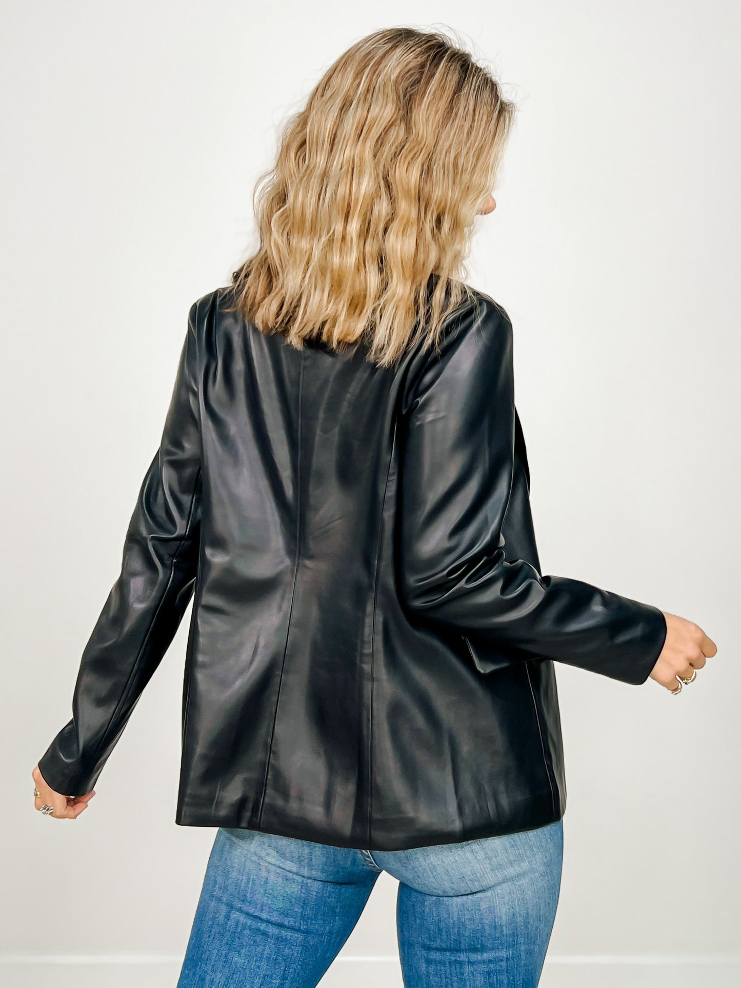 Faux Leather Open Front Blazer