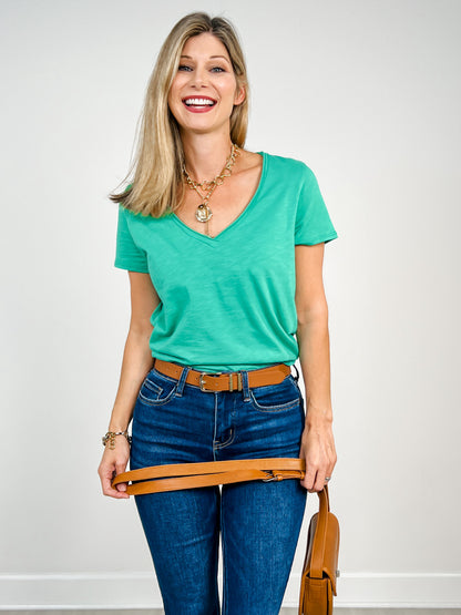 Short Sleeve Cotton Slub V-Neck Top