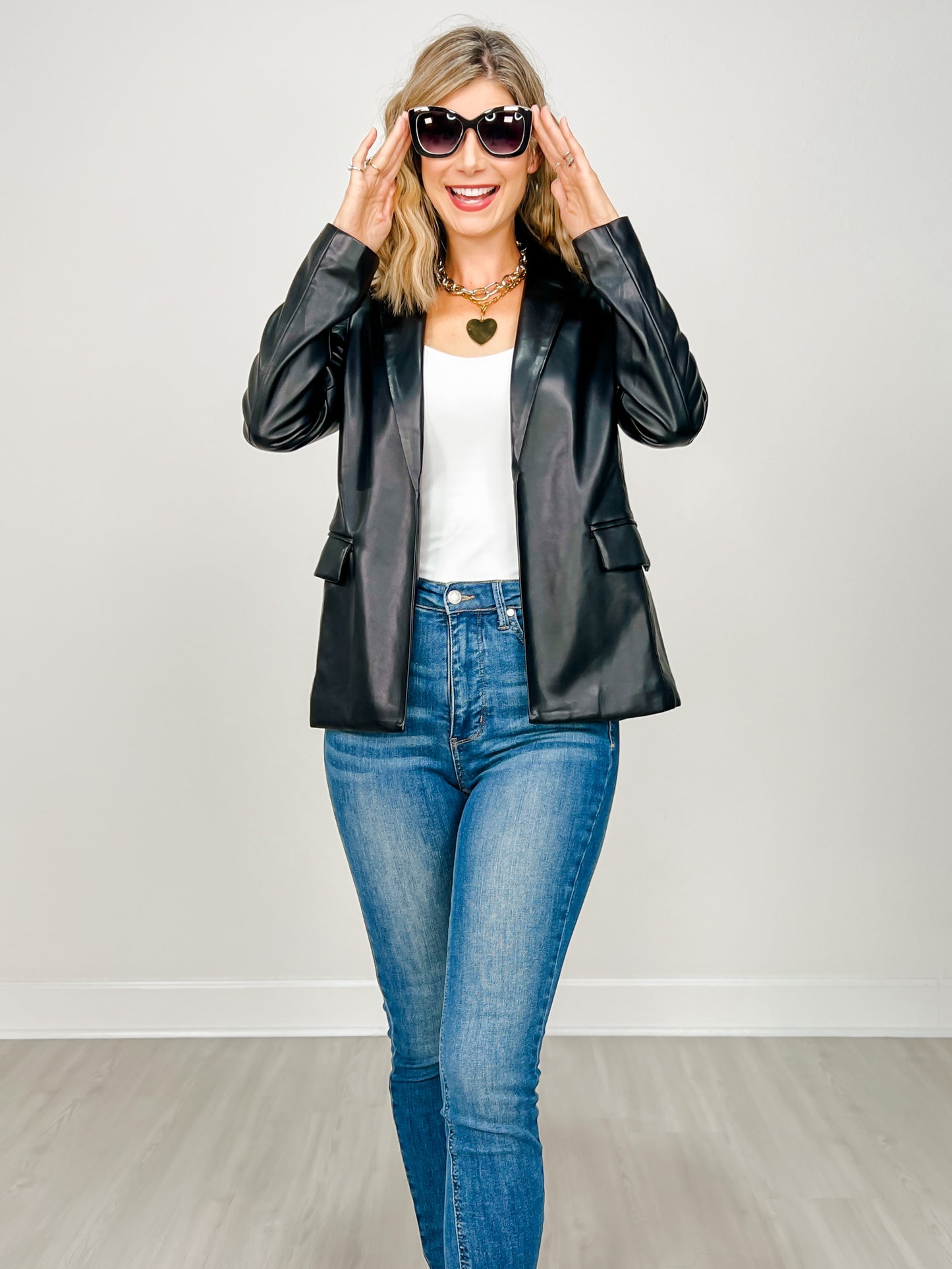 Faux Leather Open Front Blazer