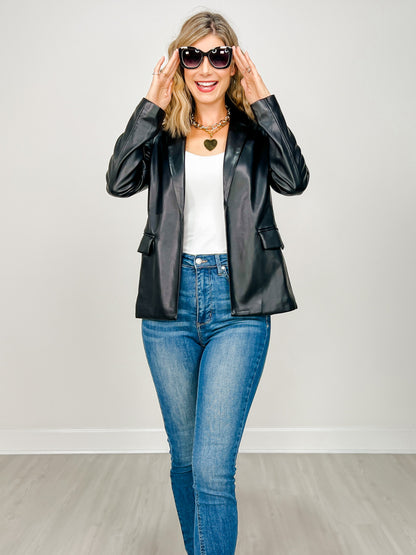 Faux Leather Open Front Blazer