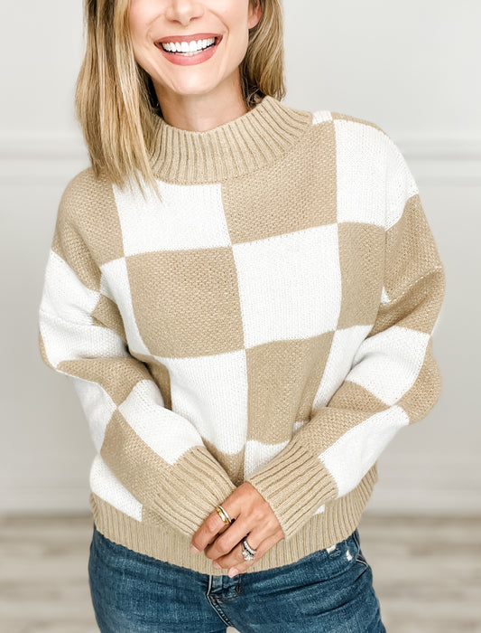 Long Sleeve Checkered Knit Sweater Top