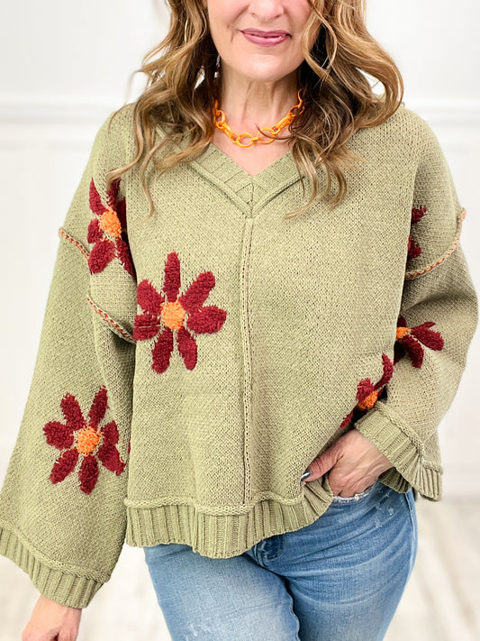 Life Is A Flower V-Neck Floral Pattern Chenille Pullover Sweater Top