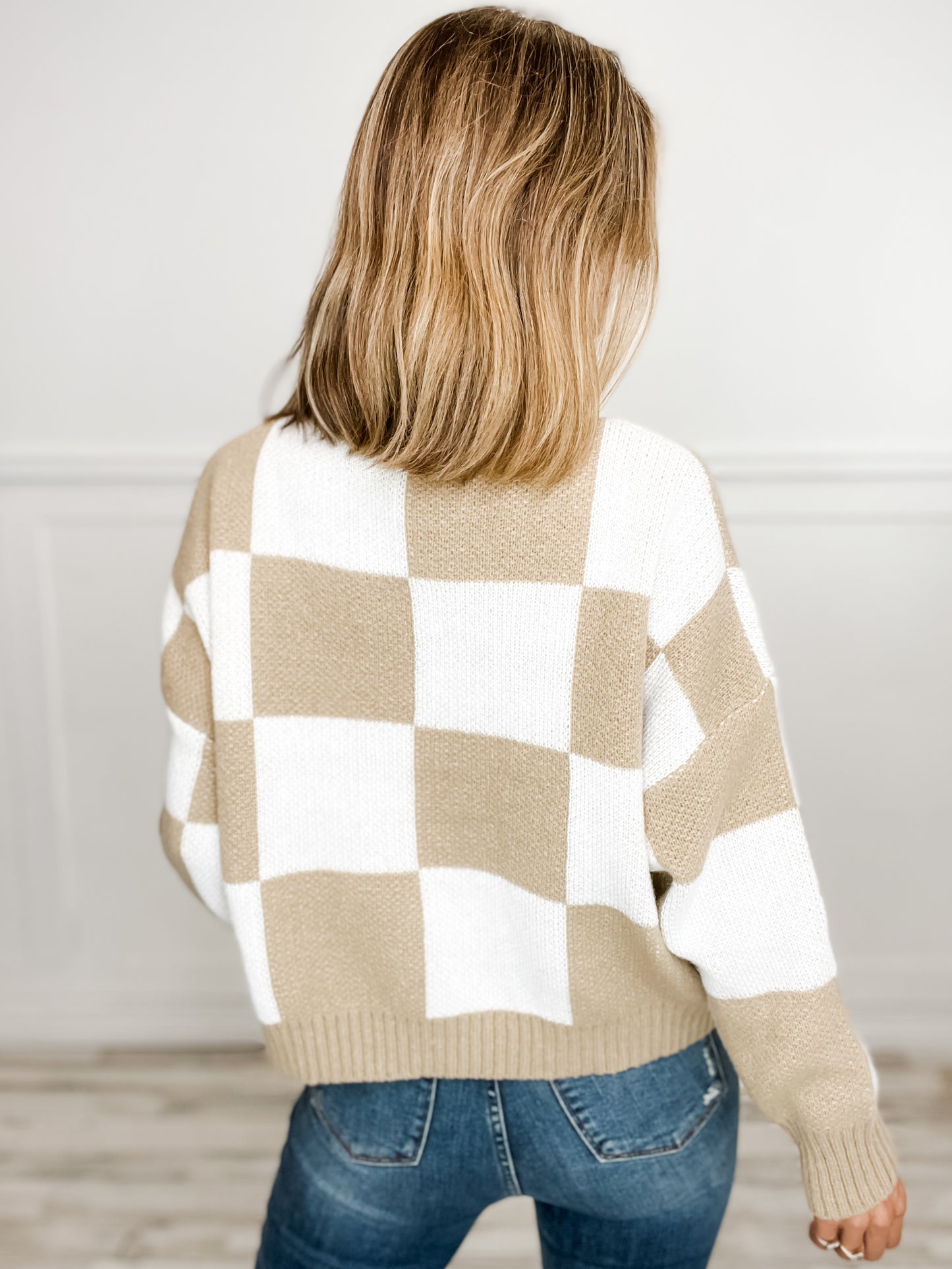 Long Sleeve Checkered Knit Sweater Top