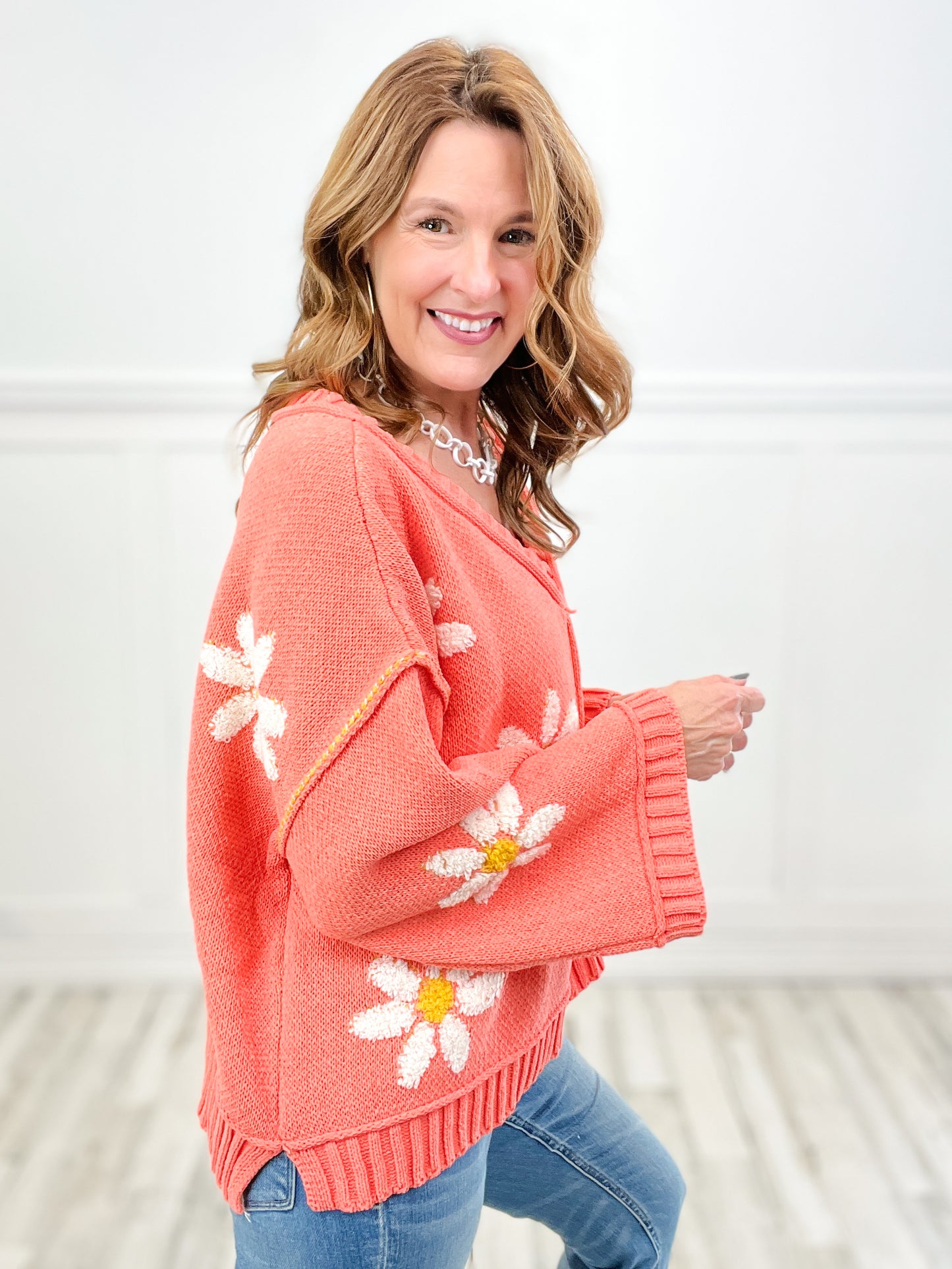 Life Is A Flower V-Neck Floral Pattern Chenille Pullover Sweater Top