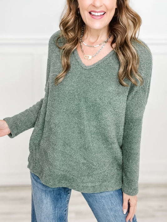 FUZZY KNIT V-NECK DOLMAN LONG SLEEVE