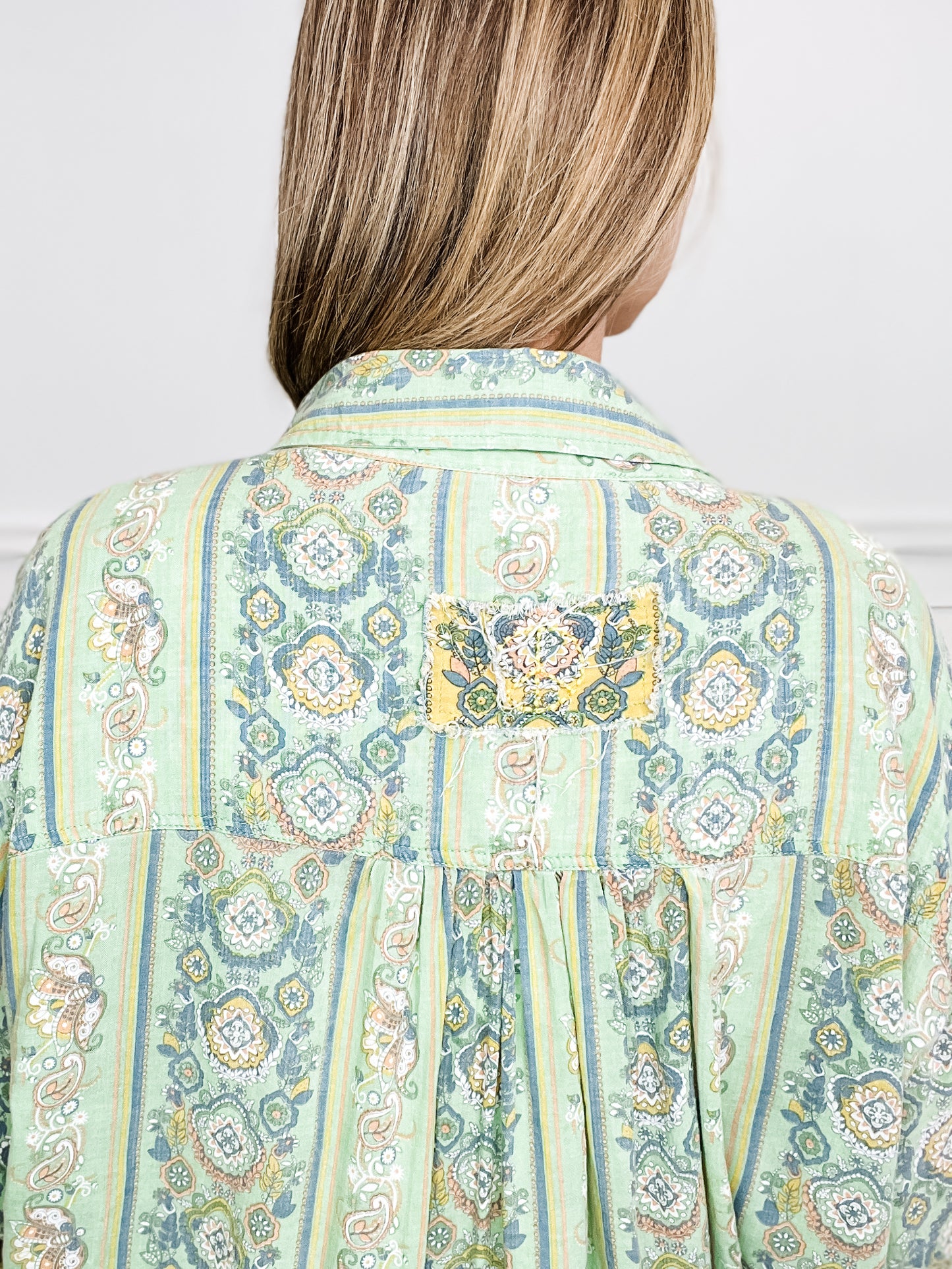 Vintage Front Button Down Long Sleeve Printed Top