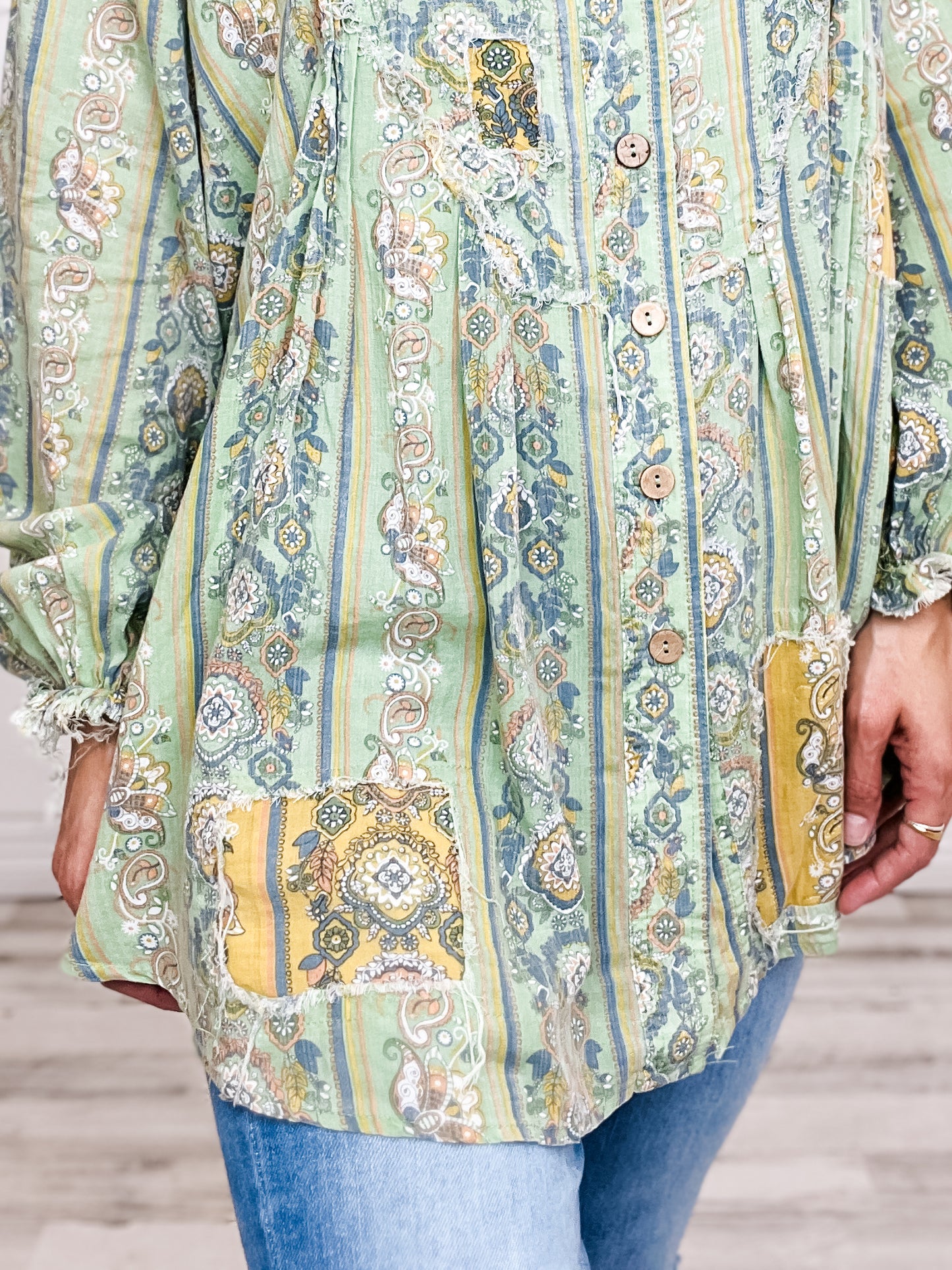 Vintage Front Button Down Long Sleeve Printed Top