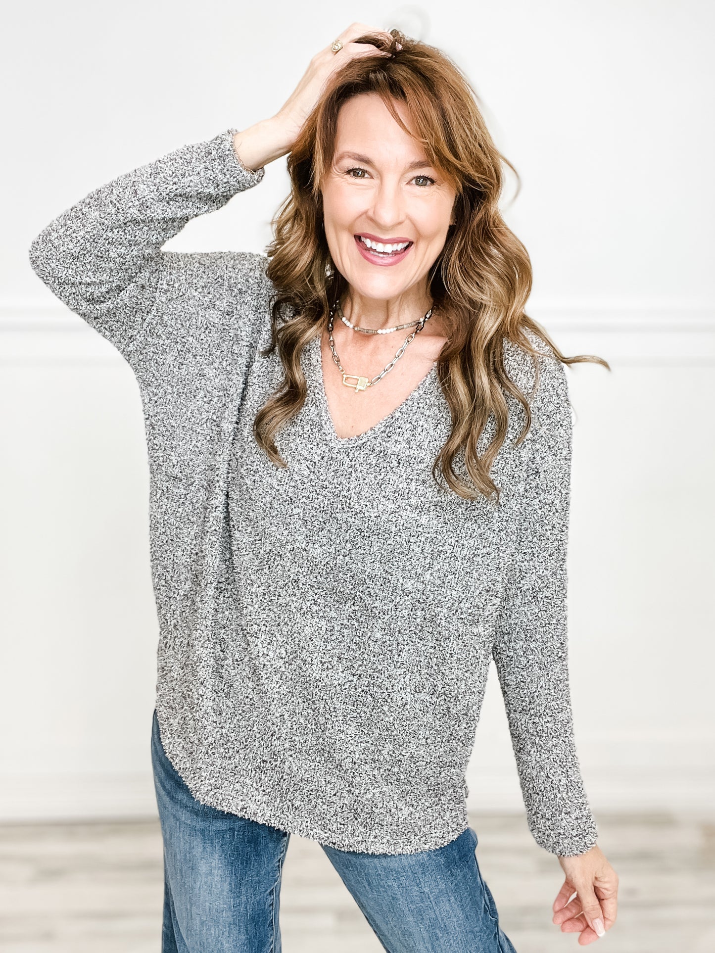 FUZZY KNIT V-NECK DOLMAN LONG SLEEVE