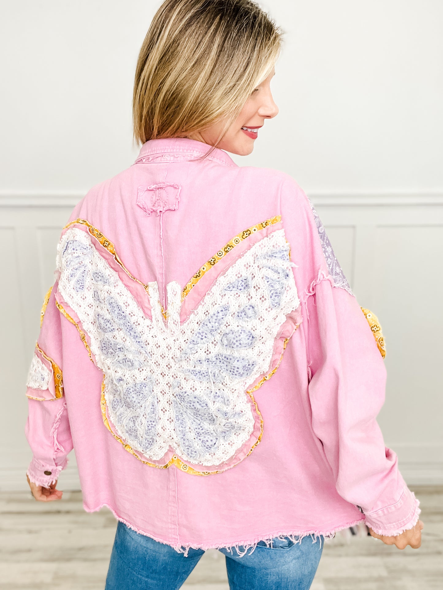 Contrast Fabric Patchwork Butterfly Shacket