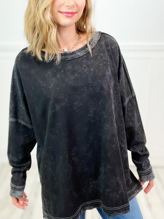 Days Gone Mineral Washed Long Sleeve Solid Knit Top