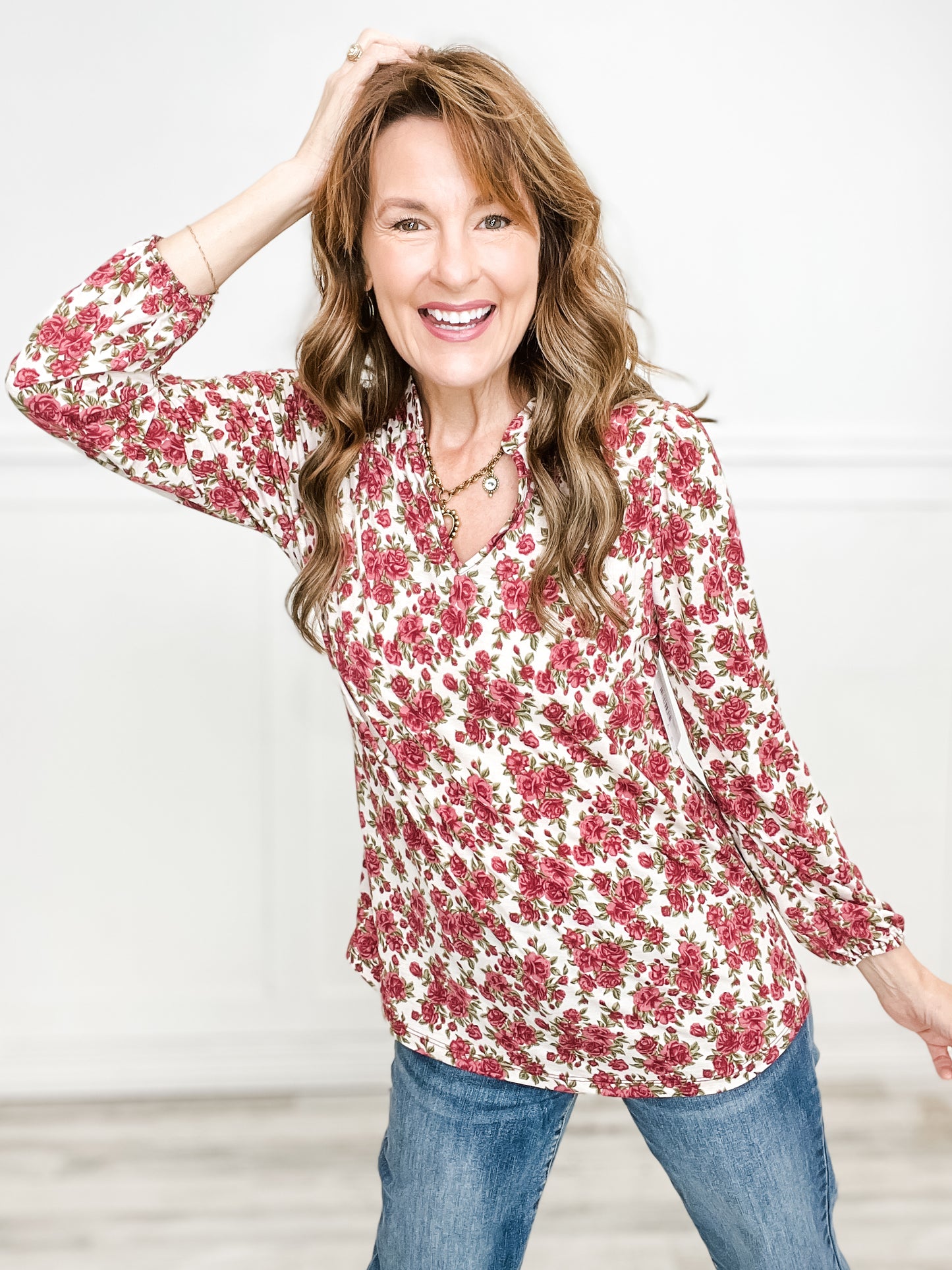 Long Sleeve Wrinkle Free Floral Print Top with Split Neckline