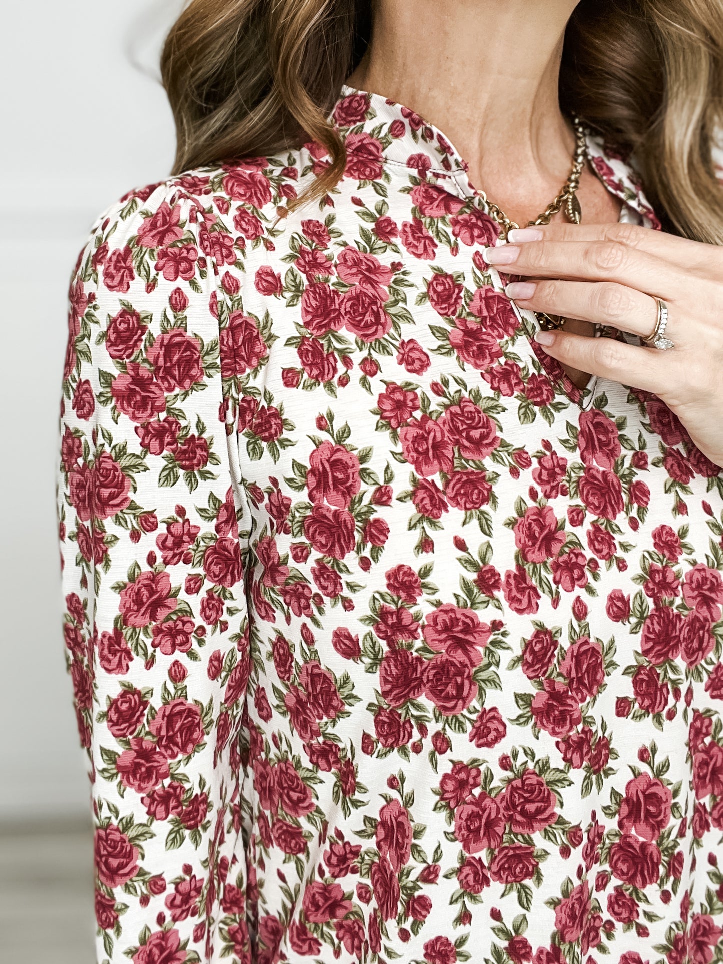 Long Sleeve Wrinkle Free Floral Print Top with Split Neckline